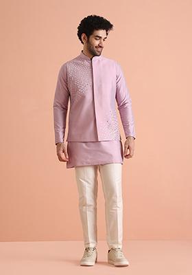 Pink Embroidered Cotton Blend Kurta Jacket Set