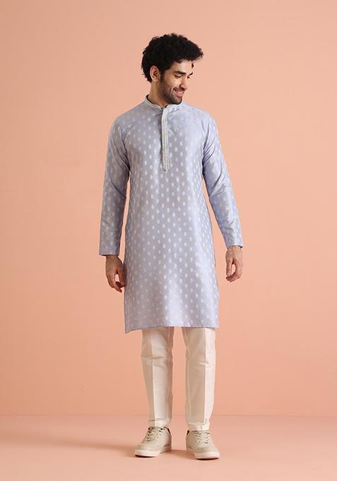 Blue Woven Design Silk Blend Kurta Set