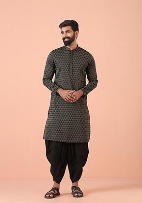 Black Woven Design Silk Blend Kurta Set