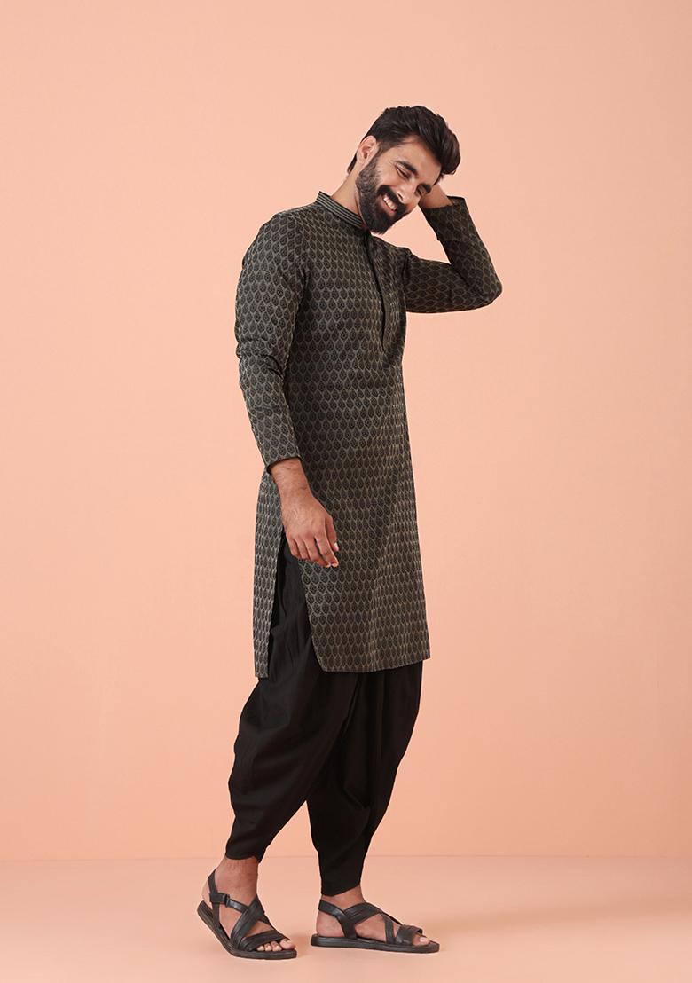 Black Woven Design Silk Blend Kurta Set - Indya