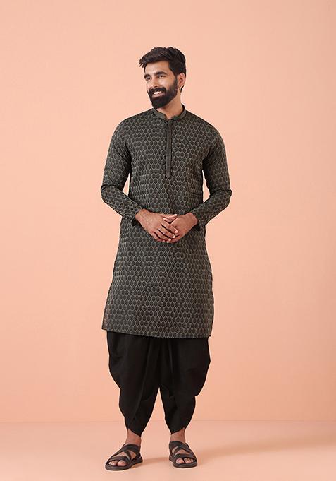 Black Woven Design Silk Blend Kurta Set