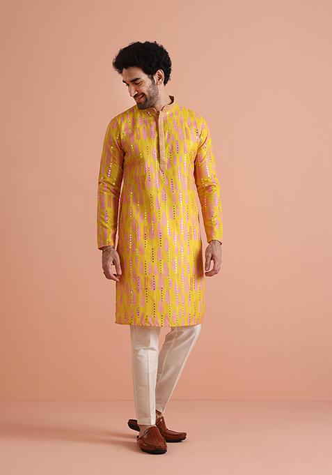 Yellow Embroidered Cotton Blend Kurta Set