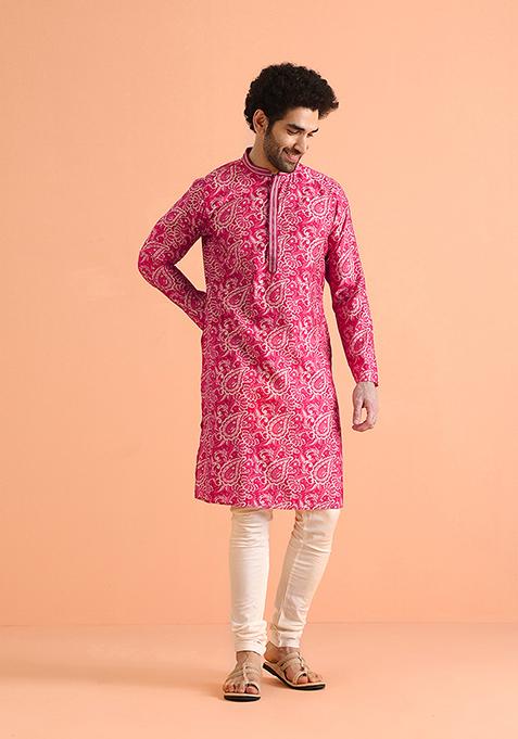 Pink Printed Cotton Blend Kurta Set