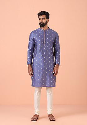 Blue Woven Design Cotton Blend Kurta Set
