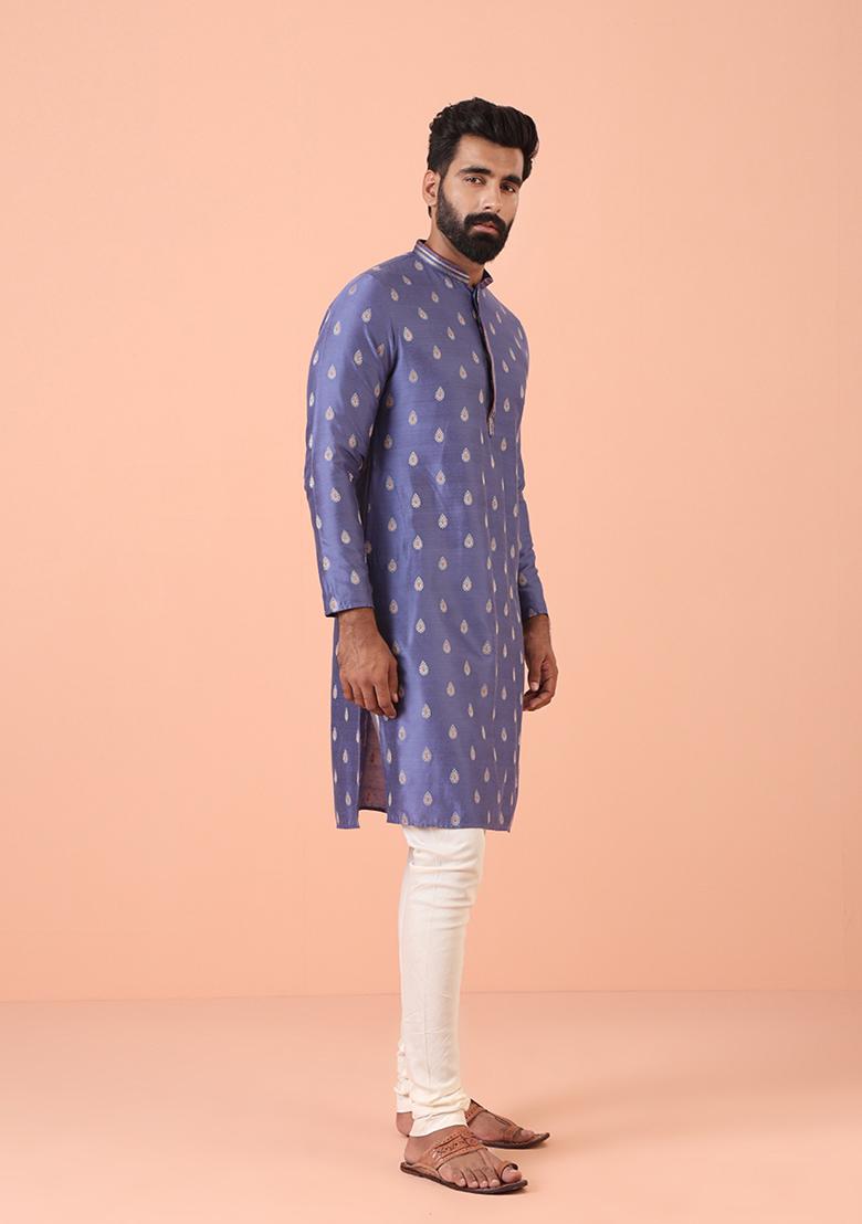 Blue Woven Design Cotton Blend Kurta Set - Indya