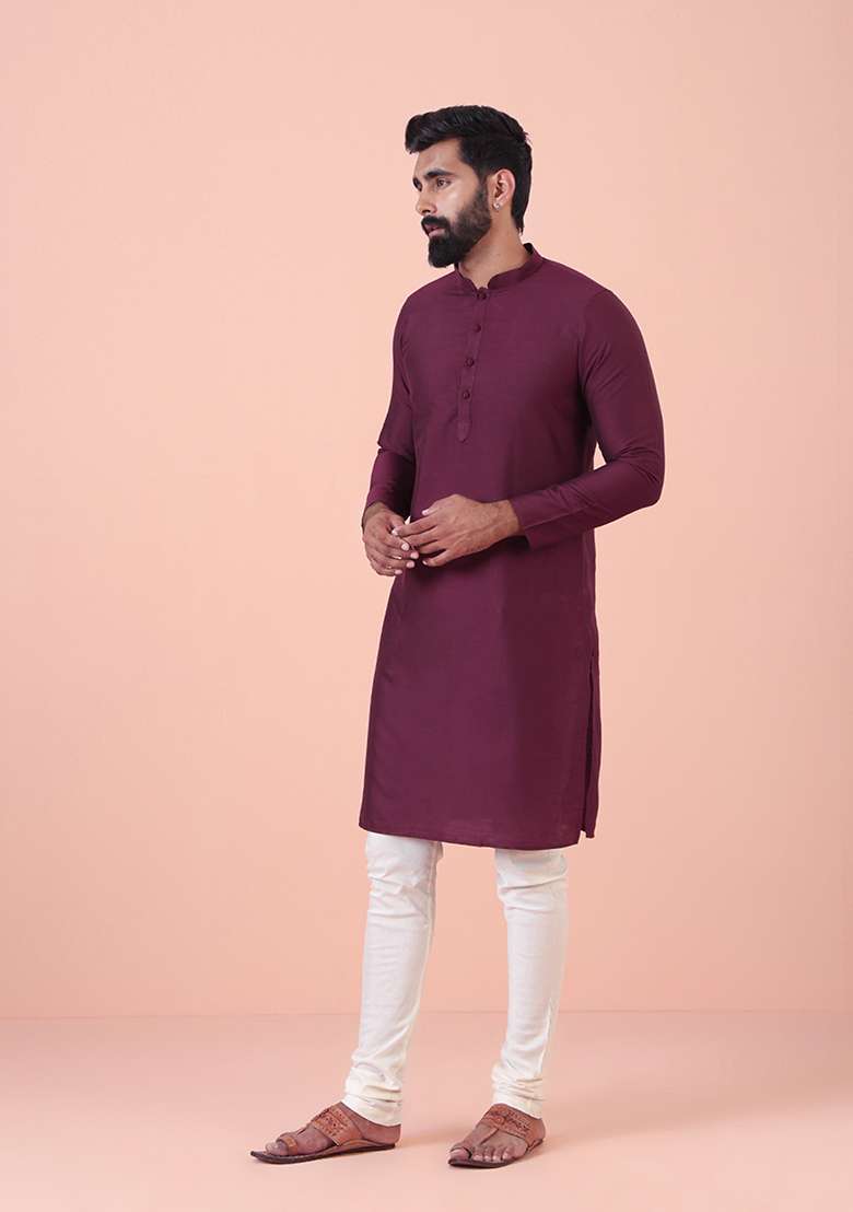 Burgundy Solid Cotton Blend Kurta Set - Indya