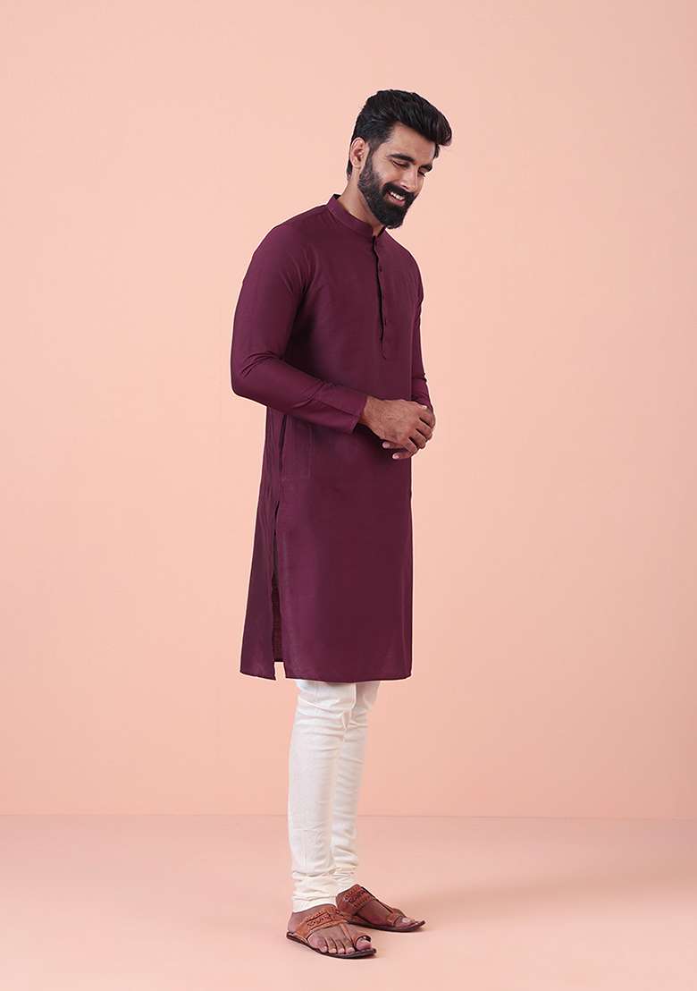Burgundy Solid Cotton Blend Kurta Set - Indya