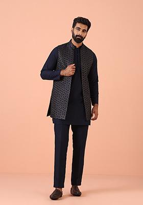 Navy Blue Woven Design Silk Blend Kurta Jacket Set