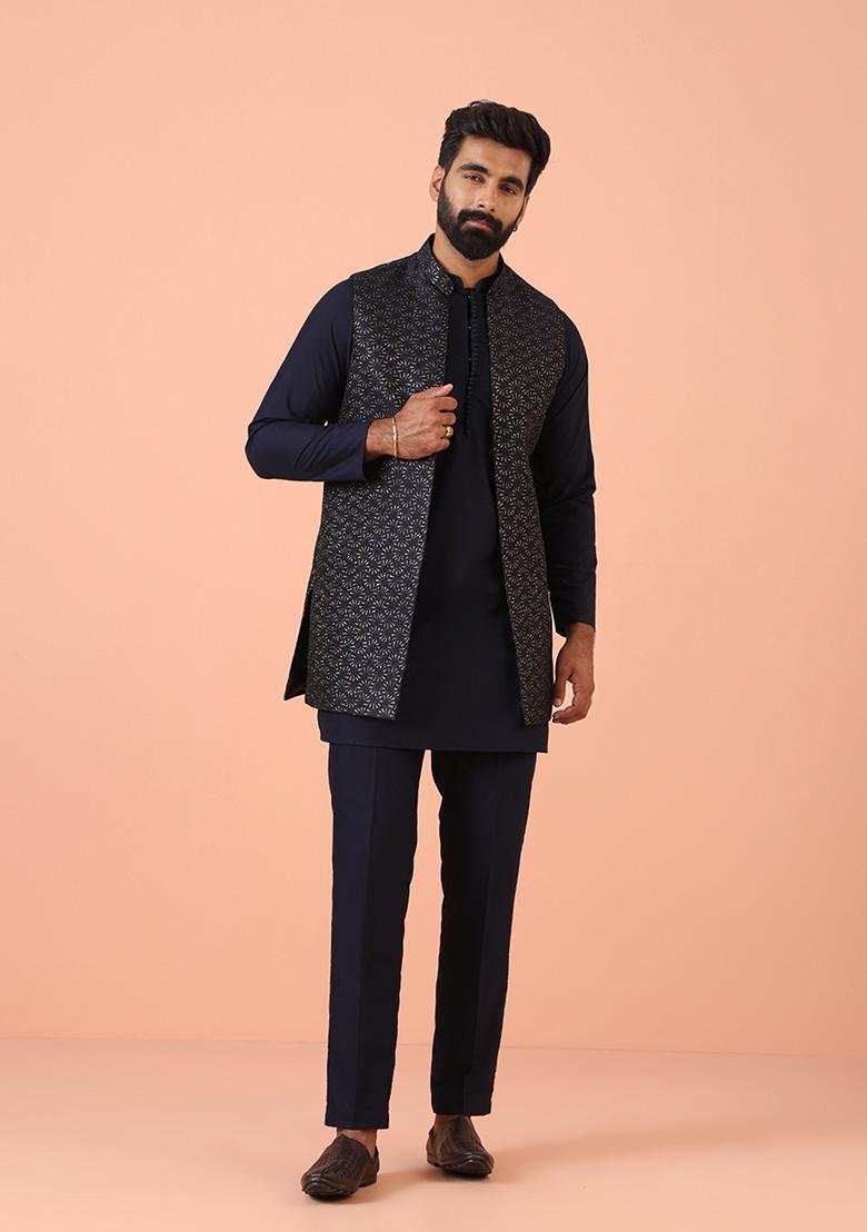 Navy Blue Woven Design Silk Blend Kurta Jacket Set