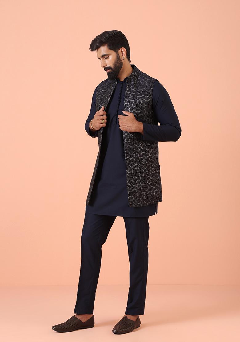 Navy Blue Woven Design Silk Blend Kurta Jacket Set