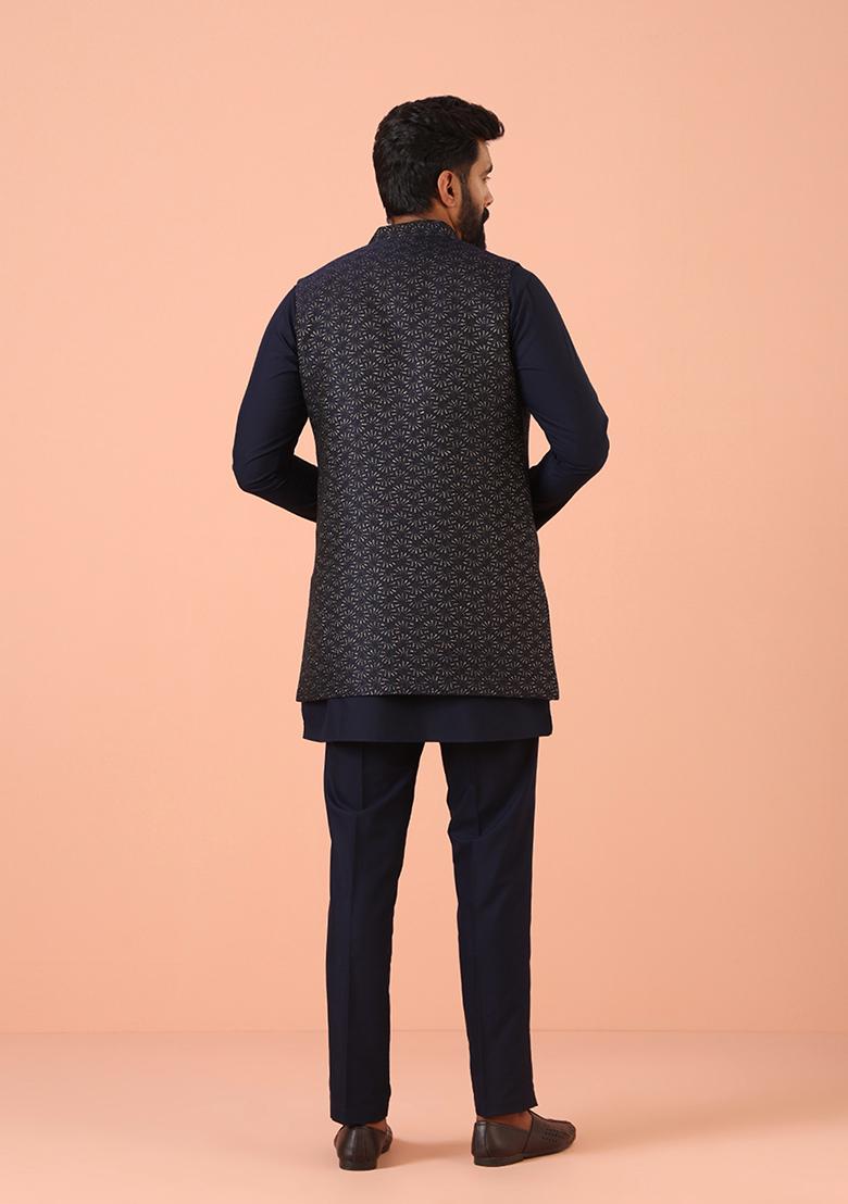 Navy Blue Woven Design Silk Blend Kurta Jacket Set