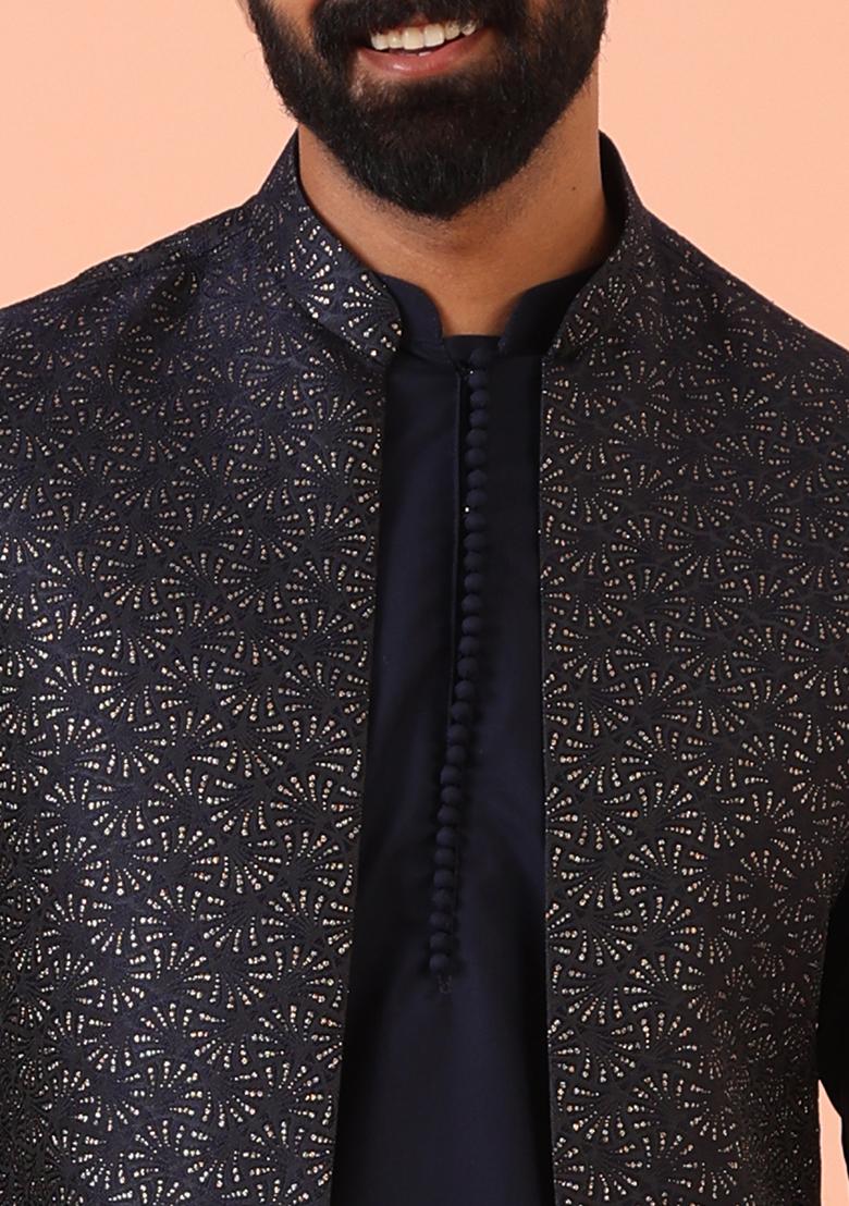 Navy Blue Woven Design Silk Blend Kurta Jacket Set