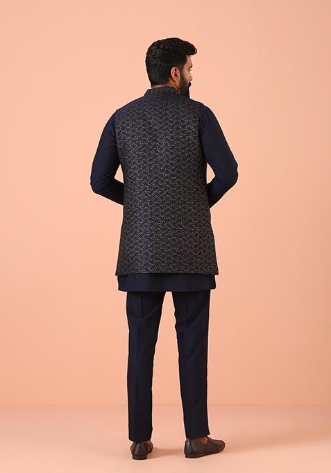 Navy Blue Woven Design Silk Blend Kurta Jacket Set