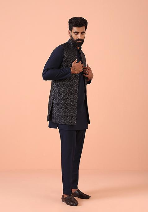 Navy Blue Woven Design Silk Blend Kurta Jacket Set