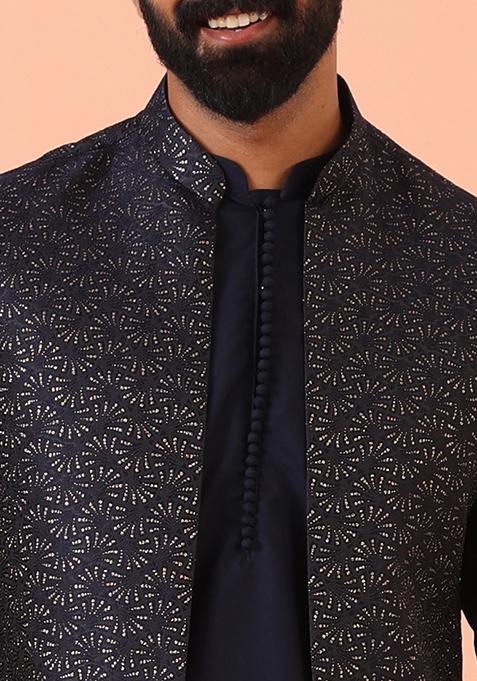 Navy Blue Woven Design Silk Blend Kurta Jacket Set