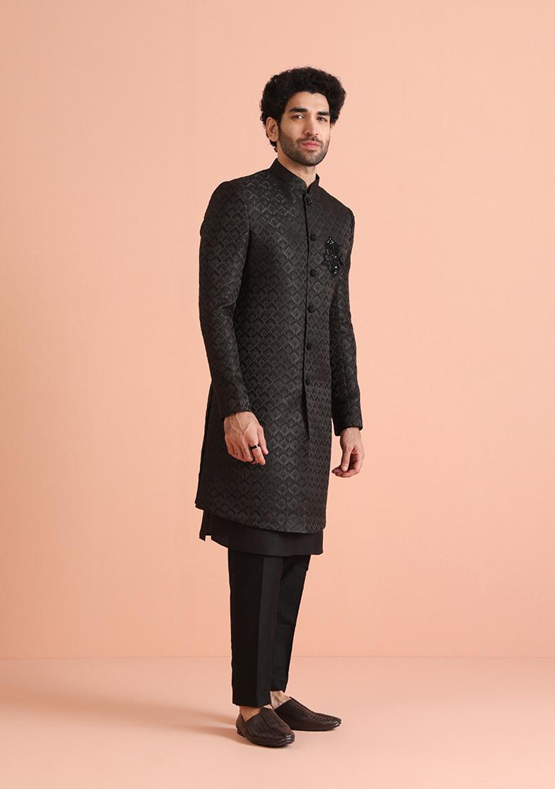 Black Self Design Silk Blend Kurta Sherwani Set - Indya