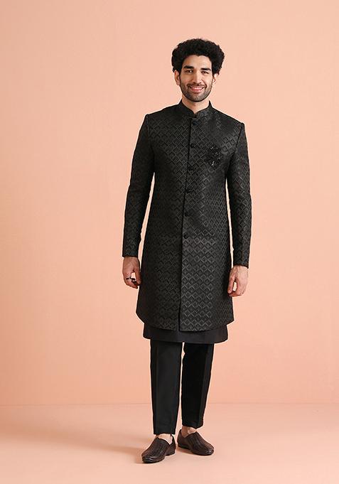 Black Self Design Silk Blend Kurta Sherwani Set