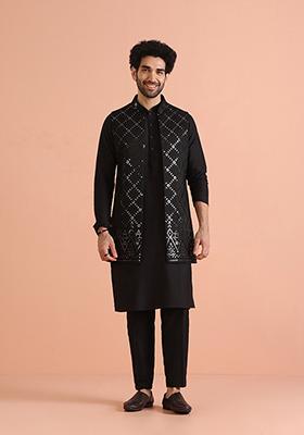 Black Embroidered Cotton Blend Kurta Jacket Set