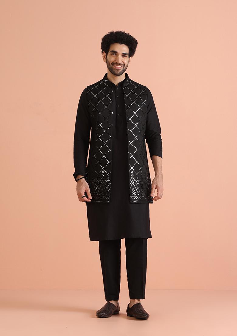 Black Embroidered Cotton Blend Kurta Jacket Set