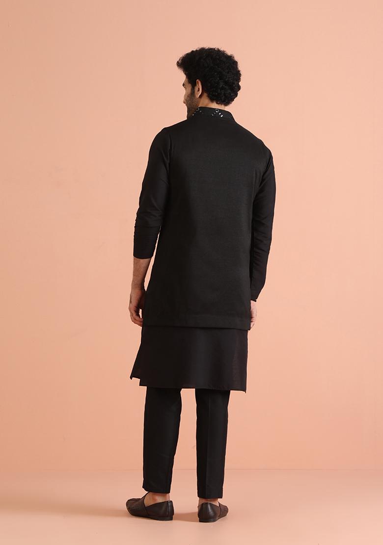 Black Embroidered Cotton Blend Kurta Jacket Set