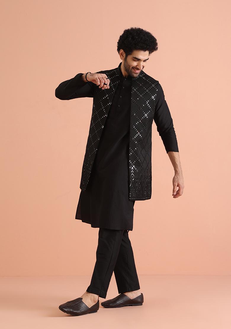 Black Embroidered Cotton Blend Kurta Jacket Set - Indya