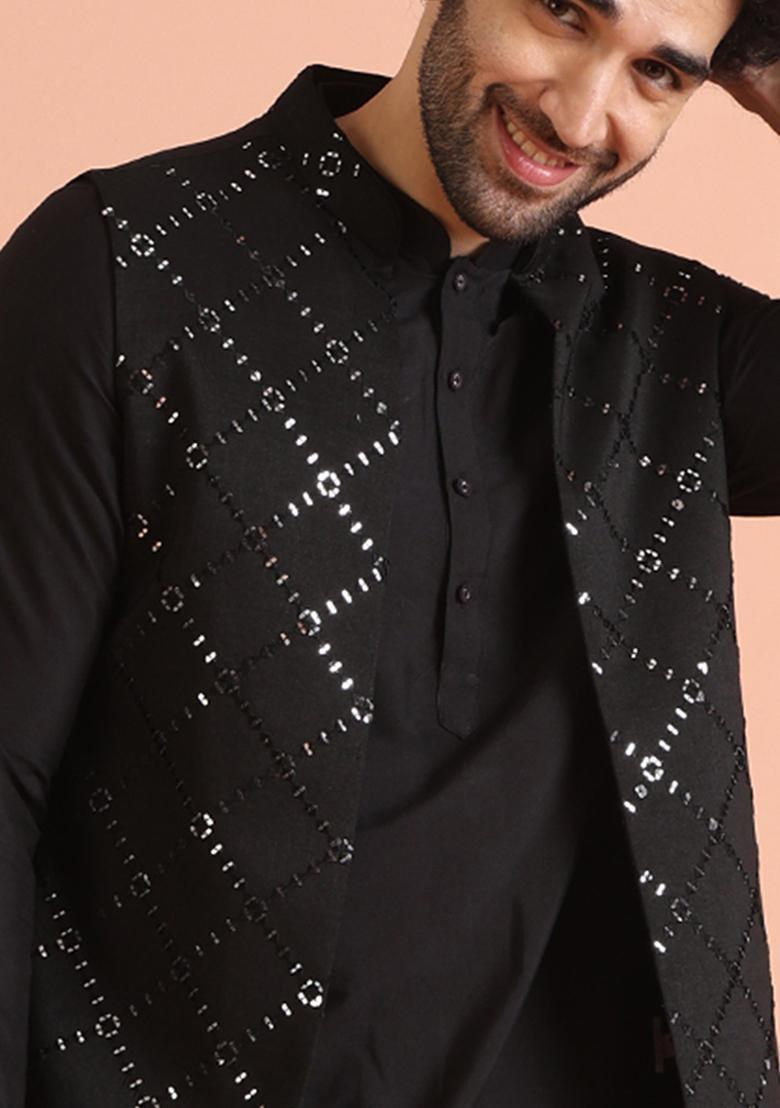 Black Embroidered Cotton Blend Kurta Jacket Set