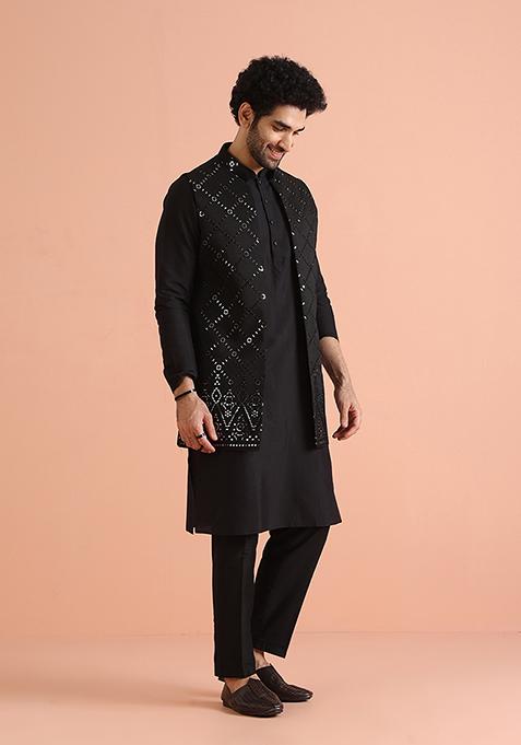Black Embroidered Cotton Blend Kurta Jacket Set