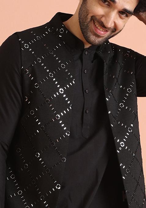Black Embroidered Cotton Blend Kurta Jacket Set