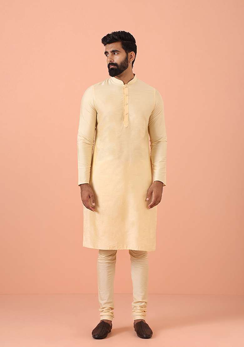 Cream Solid Cotton Blend Kurta Set - Indya