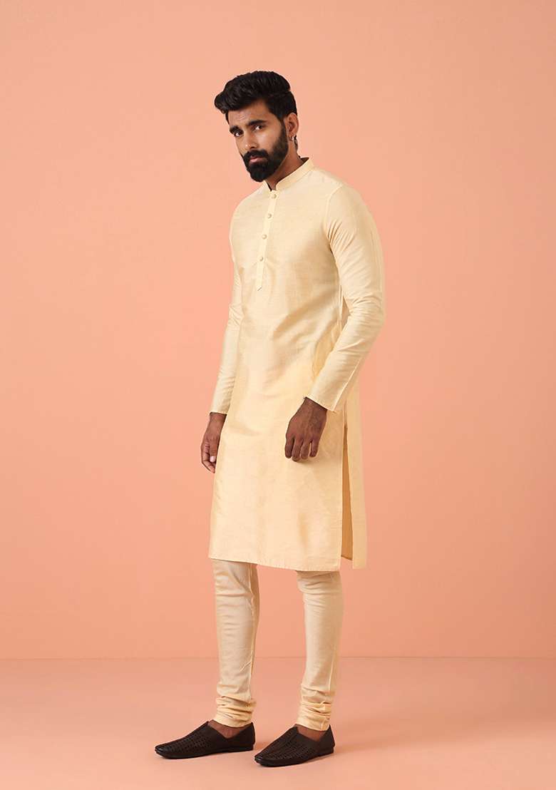 Cream Solid Cotton Blend Kurta Set - Indya