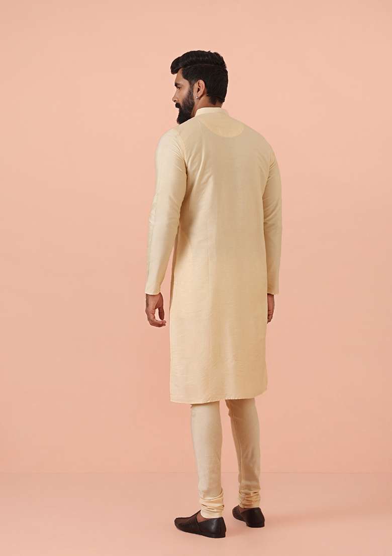 Cream Solid Cotton Blend Kurta Set - Indya