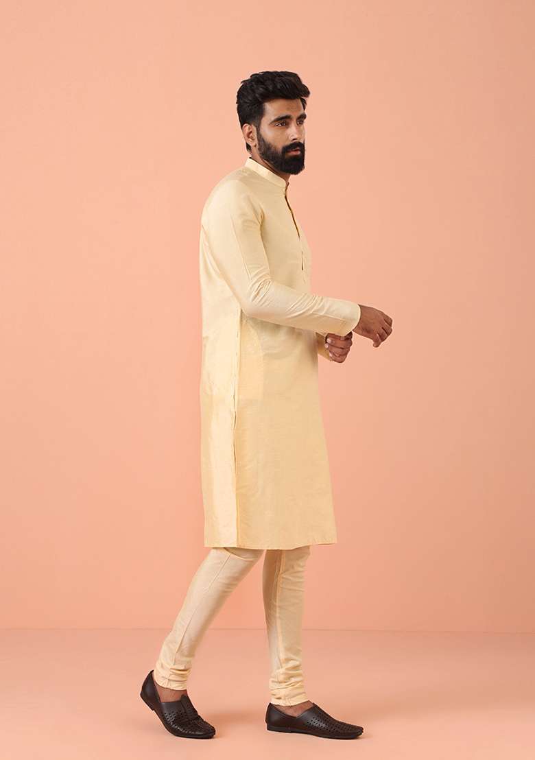 Cream Solid Cotton Blend Kurta Set - Indya
