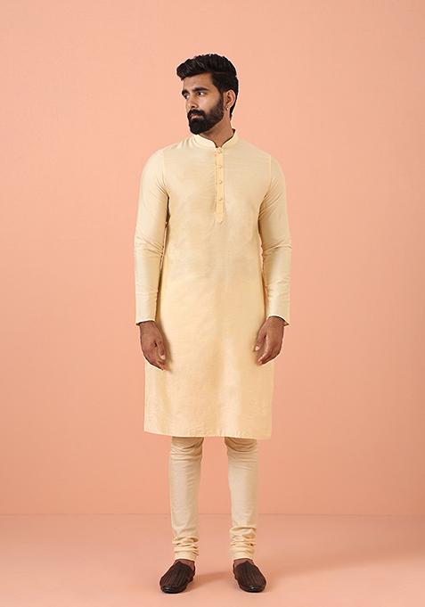 Cream Solid Cotton Blend Kurta Set