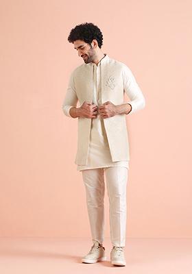 Off White Woven Design Silk Blend Kurta Jacket Set