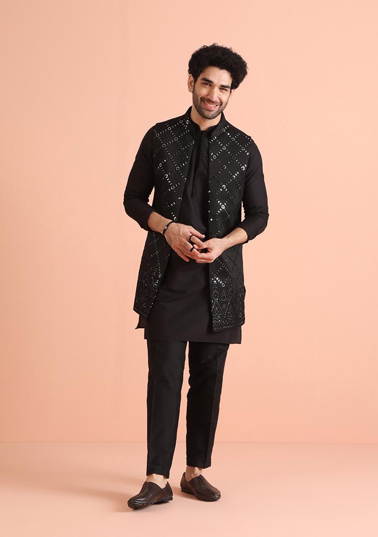 Black Embroidered Cotton Blend Kurta Jacket Set