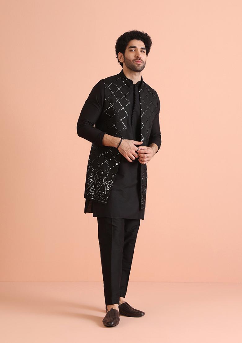 Black Embroidered Cotton Blend Kurta Jacket Set - Indya