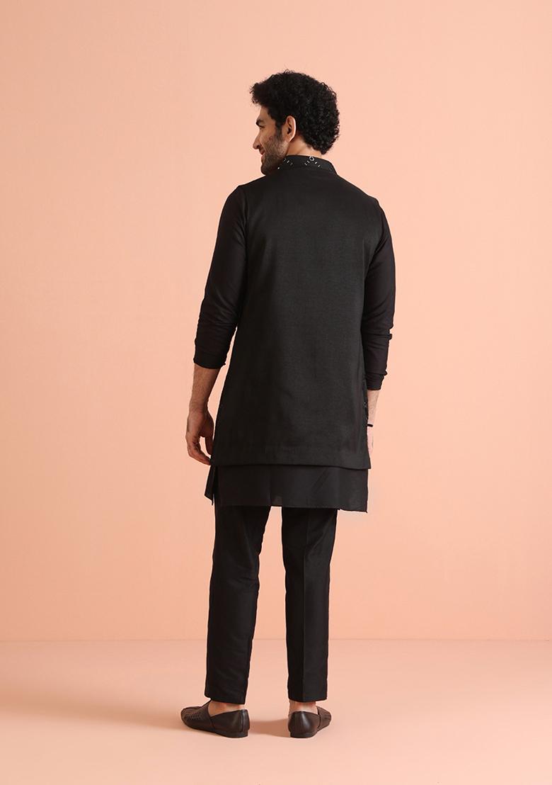 Black Embroidered Cotton Blend Kurta Jacket Set