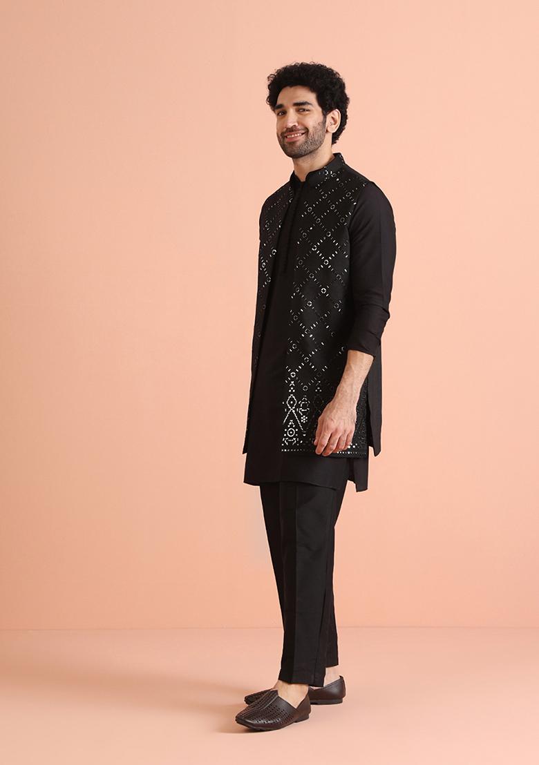 Black Embroidered Cotton Blend Kurta Jacket Set - Indya