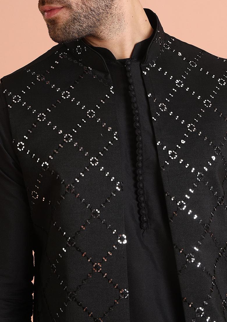 Black Embroidered Cotton Blend Kurta Jacket Set