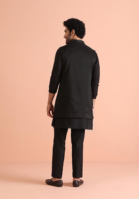 Black Embroidered Cotton Blend Kurta Jacket Set