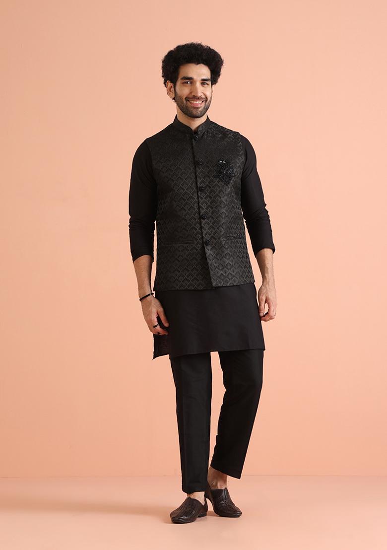 Black Woven Design Silk Blend Kurta Jacket Set