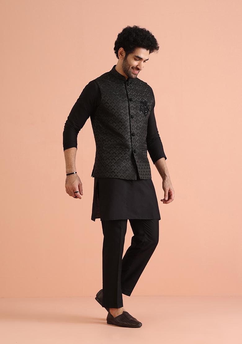 Black Woven Design Silk Blend Kurta Jacket Set - Indya