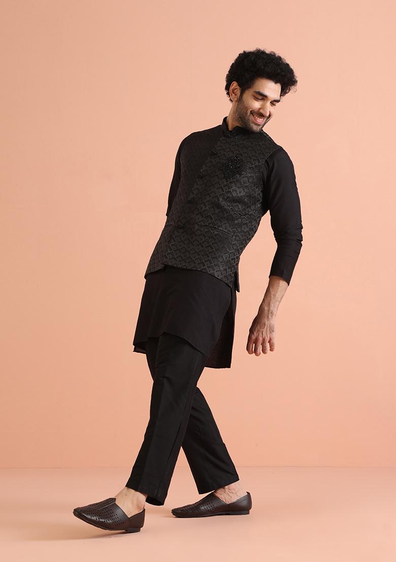 Black Woven Design Silk Blend Kurta Jacket Set - Indya
