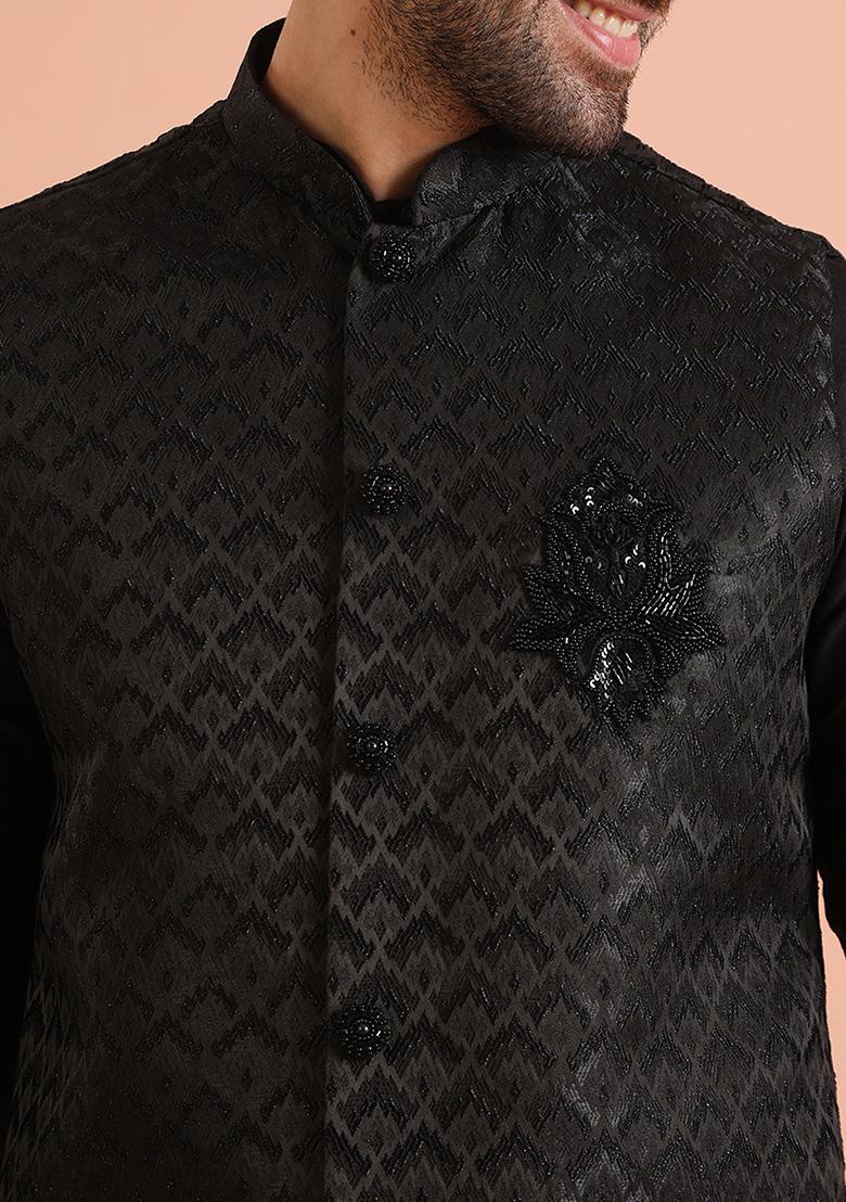 Black Woven Design Silk Blend Kurta Jacket Set