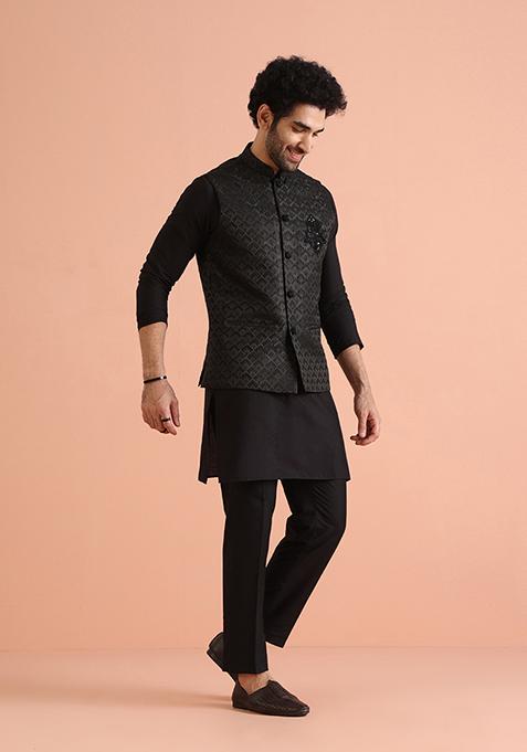 Black Woven Design Silk Blend Kurta Jacket Set