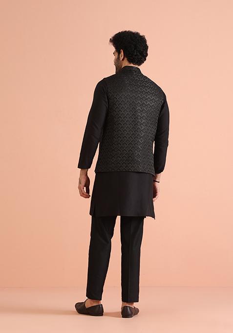 Black Woven Design Silk Blend Kurta Jacket Set