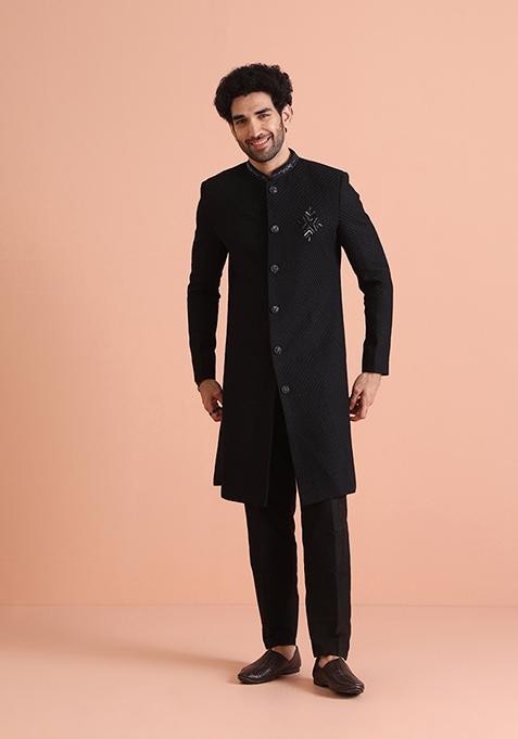 Black Embellished Blend Sherwani Set