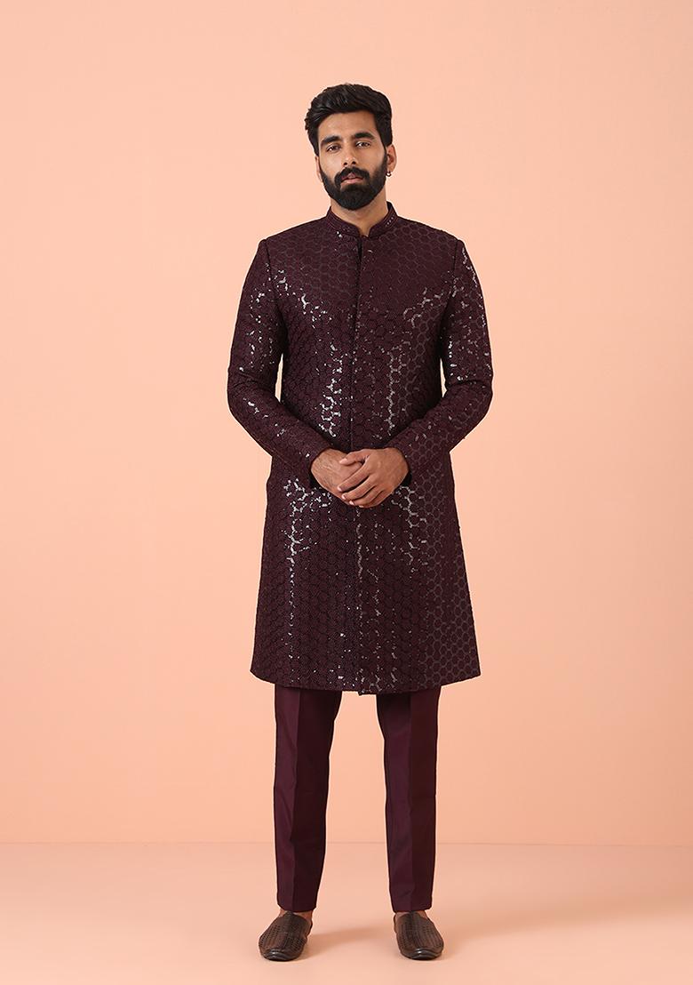 Maroon Embellished Blend Sherwani Set