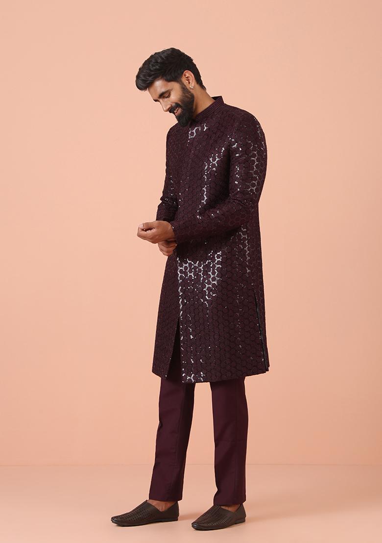 Maroon Embellished Blend Sherwani Set
