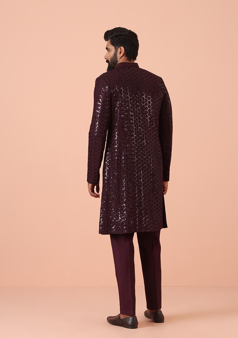 Maroon Embellished Blend Sherwani Set